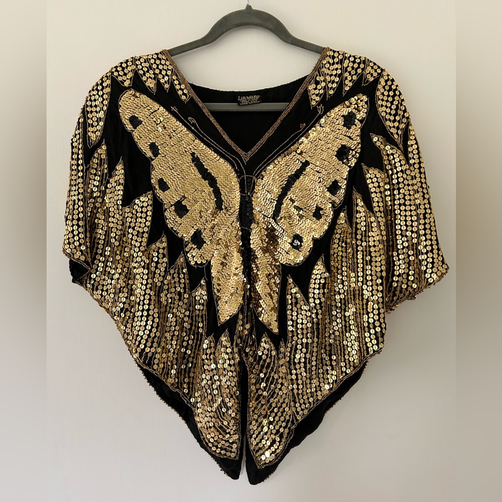 Vintage 1980s Linsiano 100% Silk and Sequin Butterfly Top